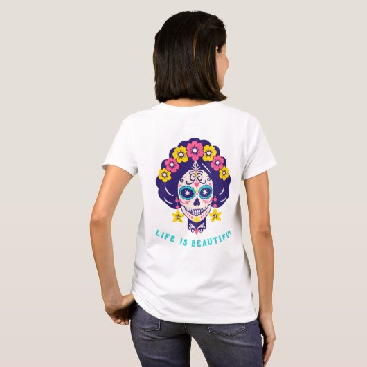 Het leven is mooi Bright Floral Sugar Skull Girl T-shirt (Achterkant volledig)