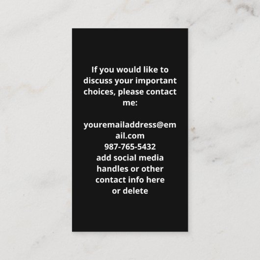 HET LEVEN IS VOLLEDIG BELANGRIJKE KEUZEN VAN HET E VISITEKAARTJE (Achterkant)