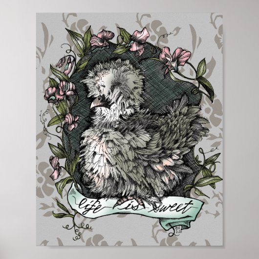 Het leven is zoet (Silkie Hen & Sweet Peas), Taupe Poster (Voorkant)