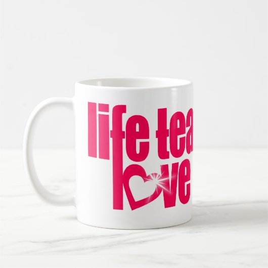 "het leven leert de liefde openbaart" rode slogan  koffiemok (Links)