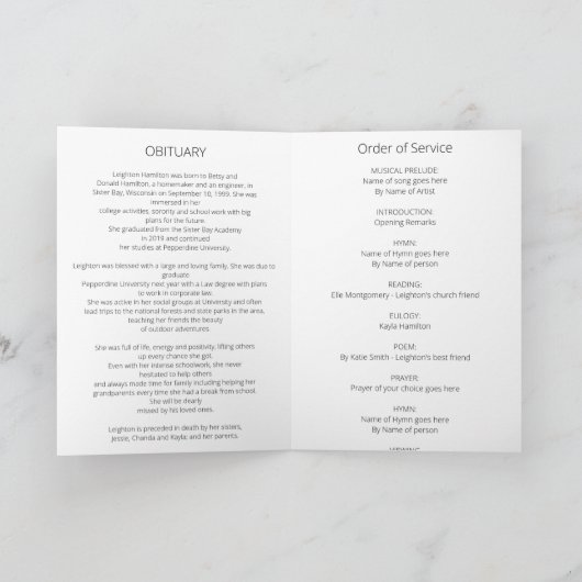 Het leven van de orde van dienst eren programma (Binnen)