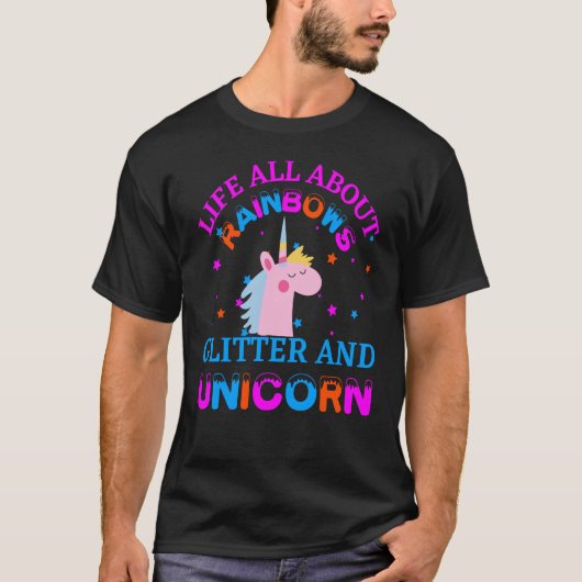 het leven van de regenbogen glitter en unicorn t-shirt (Voorkant)