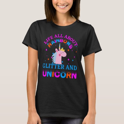 het leven van de regenbogen glitter en unicorn t-shirt (Voorkant)