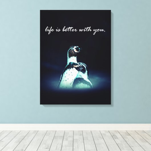 het leven van een romantisch pinguïn koppel is bet canvas afdruk (Insitu (Houten vloer))