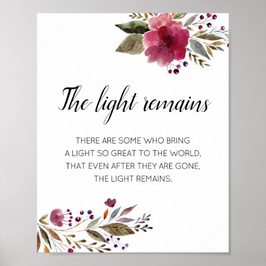 Het Licht Blijft Bordeaux Bloemend Gedachtenis Poster (Voorkant)