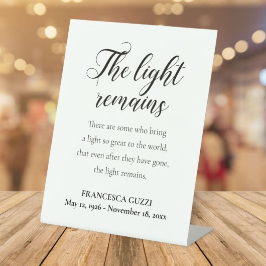 Het licht blijft handschrift Memorial Service Reclamebord Met Voetstuk