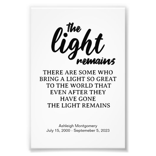 Het licht is nog steeds een begrafenismonument foto afdruk (Voorkant)