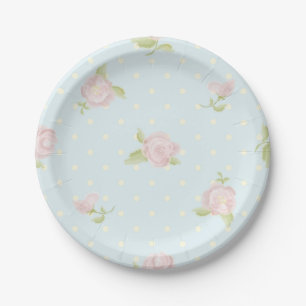 het lichtblauwe vintage bloemenroze van de papieren bordje