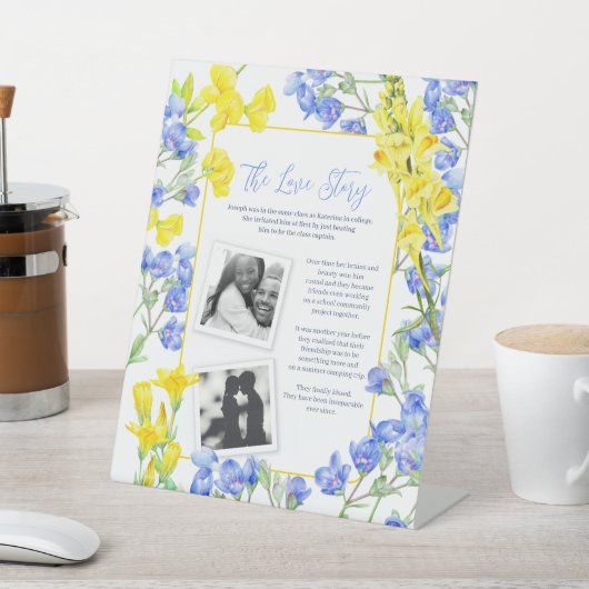 Het liefdesverhaal wildflower bruiloft gast info reclamebord met voetstuk (Insitu)