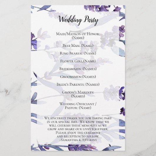 Het liefst Lila Waterverf Elegant Wedding Programm (Achterkant)