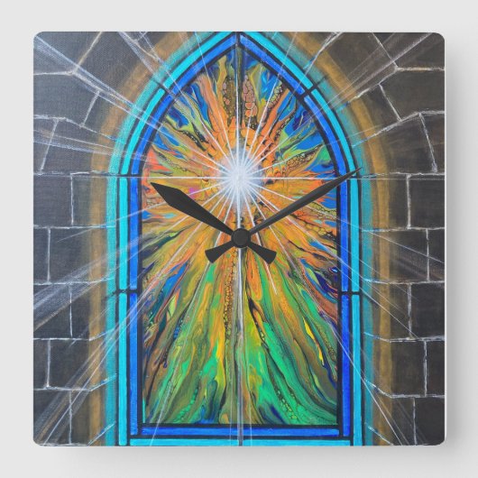 Het Light 3 Church Glas in lood-venster Vierkante Klok (Voorkant)