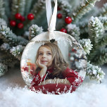 Het Lijst van de sneeuw minimumaantal Twee Manuscr Keramisch Ornament<br><div class="desc">Eenvoudige,  elegante,  en minimale douane twee foto's en naambekleding. Personaliseer met één foto op de voorzijde en één op de achterzijde. Elegant magisch sneeuwachtig lijst met een douanenaam in elegant manuscript.</div>