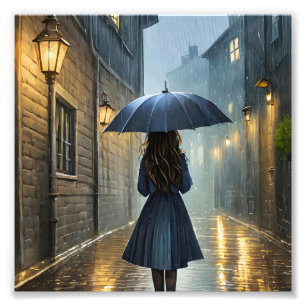 Het lopen in de regen foto afdruk