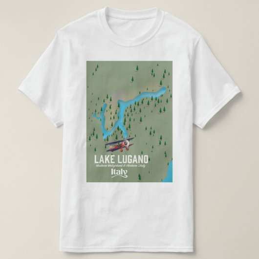 Het Lugano-meer Italië — Zwitserland — reisposter T-shirt (Design voorkant)