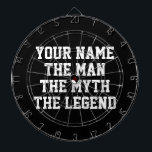 Het man mythe legende grappig dartboard cadeau voo dartbord<br><div class="desc">De man mythe legende grappig dartboard cadeau voor jongens. Voeg je eigen persoonlijke naam toe. Vette sjabloon voor typografische ontwerpen. Koel dart bordspel voor vader, man, vader, oom, opa, broer, vriendje, beste vriend, leraar, sporttrainer, medewerker, baas, kantoor werknemer, zoon enz. Fun entertainment voor huisfeest, kantoor, meerhuis, kelder, man grot, bar,...</div>