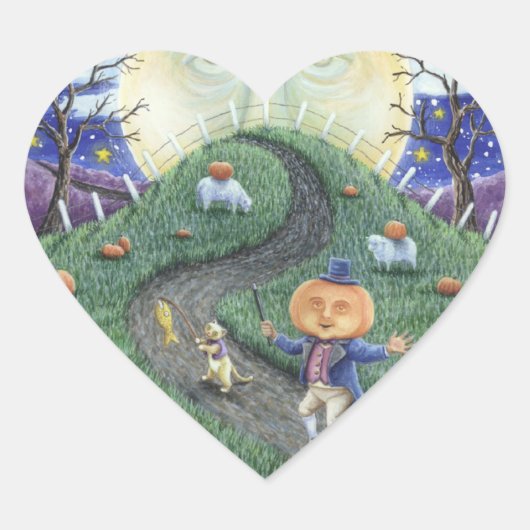 HET MAN PUMPKIN, FOLK ART HALLOWEEN STICKER Hart (Voorkant)