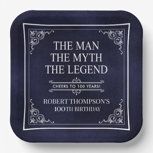 Het Man The Myth The Legend 100th Birthday Blue Papieren Bordje (Voorkant)