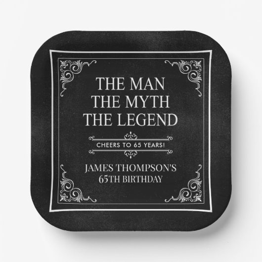 Het Man The Myth The Legend 65th Birthday Black Papieren Bordje (Voorkant)