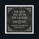 Het Man The Myth The Legend 70th Birthday Black Servet<br><div class="desc">Hij is het Man van de mythe van de legende! Zijn leven is een geweldig avontuur geweest en het is tijd om zijn nalatenschap en hem te vieren. Dit getextureerde zwarte papier met wit type en witte gescrolde hoeken 70th Birthday cocktailservetten zijn perfect voor het eren en vieren van deze...</div>
