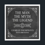 Het Man The Myth The Legend 70th Birthday Black Servet<br><div class="desc">Hij is het Man van de mythe van de legende! Zijn leven is een geweldig avontuur geweest en het is tijd om zijn nalatenschap en hem te vieren. Dit getextureerde zwarte papier met wit type en witte gescrolde hoeken 70th Birthday luncheon servetten zijn perfect voor het eren en vieren van...</div>