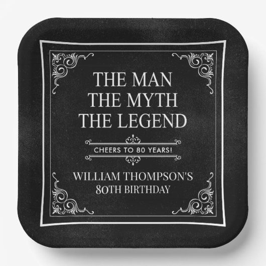 Het Man The Myth The Legend 80th Birthday Black Papieren Bordje (Voorkant)