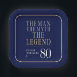 Het Man The Myth The Legend 80th Birthday Papieren Bordje<br><div class="desc">Zijn leven was een groot avontuur! Deze prachtige marineblauwe mannen-borden van 80th Birthday 7" met vierkant papier waarop staat "The Man The Myth The Legend" in een klassiek zilveren en gouden lettertype, zijn ideaal om het man in de 80e verjaardag van je leven te vieren. Deze borden zijn trendy, stijlvol,...</div>
