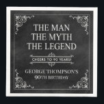Het Man The Myth The Legend 90th Birthday Black Servet<br><div class="desc">Hij is het Man van de mythe van de legende! Zijn leven is een geweldig avontuur geweest en het is tijd om zijn nalatenschap en hem te vieren. Dit getextureerde zwarte papier met wit type en witte gescrolde hoeken 90e verjaardag dinerservetten zijn perfect voor het eren en vieren van deze...</div>