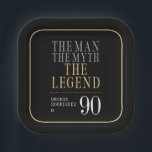 Het Man The Myth The Legend 90th Birthday Papieren Bordje<br><div class="desc">Zijn leven was een groot avontuur! Deze prachtige zwarte mannen-bord Mannen van 90-jarig 7-inch vierkant papier met de tekst 'The Myth The Legend' in een klassiek zilveren en gouden lettertype zijn ideaal om het man in de 90e verjaardag van je leven te vieren. Deze borden zijn trendy, stijlvol, modern en...</div>