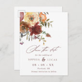 Het Manuscript Rust Burgundy Floral Wedding sparen Aankondigingskaart (Voorkant / Achterkant)