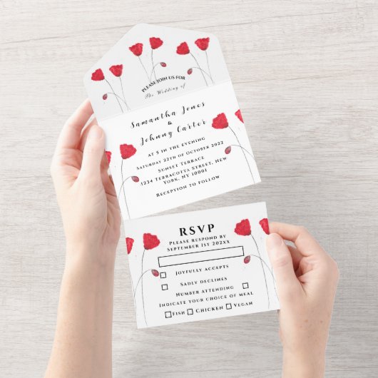 Het Manuscript van de Waterverf van Rode Poppies E All In One Uitnodiging (Afscheurbaar)