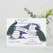 Het marineblauwe Vintage Huwelijk van Pauwen Kaart (Staand voorkant)