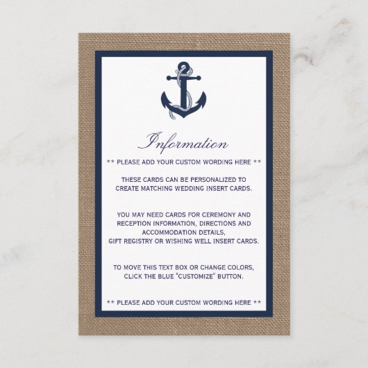 Het marinesanker op het Collectie van de Burlap Be Informatiekaartje (Voorkant)