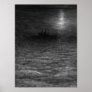 Het maronschip in een zee met een maanlicht poster