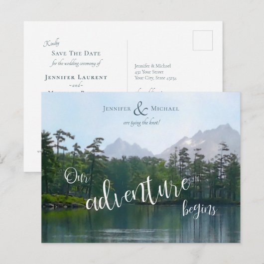 Het meer in de bergen begint ons avontuur met de b aankondigingskaart (Voorkant / Achterkant)