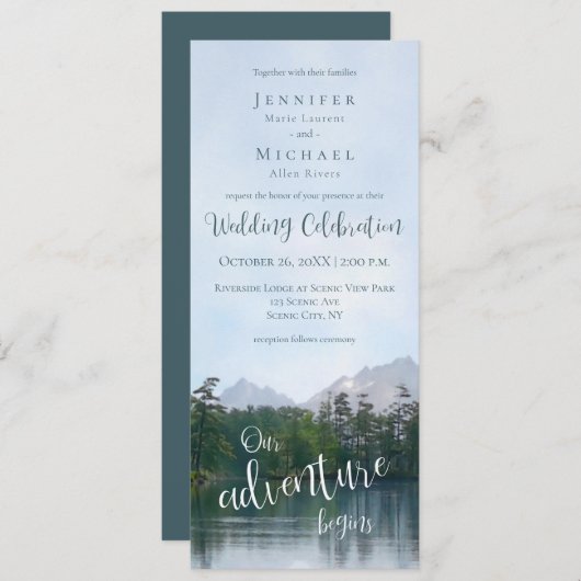 Het meer in de bergen begint ons avontuur met de b kaart (Voorkant / Achterkant)