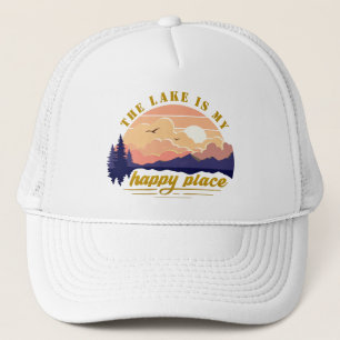 "Het meer is mijn geluksplek" Vintage zonsondergan Trucker Pet