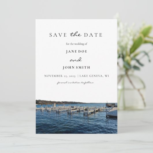 Het meer van Genève Wisconsin bespaart de datum Save The Date (Staand voorkant)