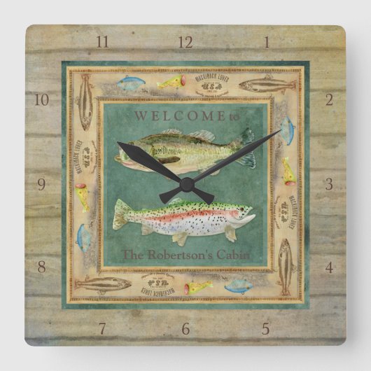 Het meer Vist, de Grote Mouth Bass, de Regenboogfo Vierkante Klok (Voorkant)