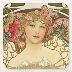 Het Meisje Alphonse Mucha Coasters van Champagne Kartonnen Onderzetters