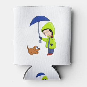 Het meisje en de hond op een regenachtige dag blikjeskoeler