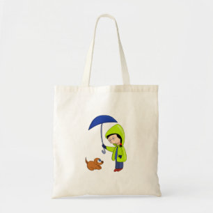 Het meisje en de hond op een regenachtige dag tote bag