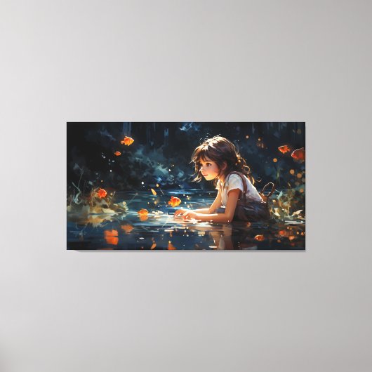 Het meisje en de magische vijver van Golden Fish Canvas Afdruk (Voorkant)