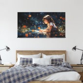 Het meisje en de magische vijver van Golden Fish Canvas Afdruk (Insitu (Slaapkamer))
