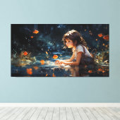 Het meisje en de magische vijver van Golden Fish Canvas Afdruk (Insitu (Houten vloer))