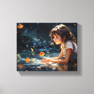 Het meisje en de magische vijver van Golden Fish Canvas Afdruk