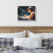Het meisje en de magische vijver van Golden Fish Canvas Afdruk (Insitu (Slaapkamer))