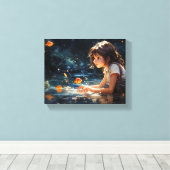 Het meisje en de magische vijver van Golden Fish Canvas Afdruk (Insitu (Houten vloer))