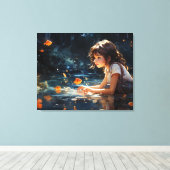Het meisje en de magische vijver van Golden Fish Canvas Afdruk (Insitu (Houten vloer))