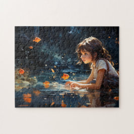 Het meisje en de magische vijver van Golden Fish Legpuzzel