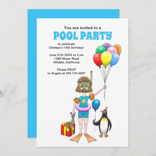 Het meisje en de pinguïn's pool party kaart (Voorkant / Achterkant)